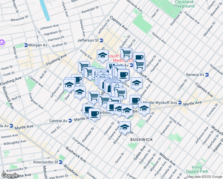 map of restaurants, bars, coffee shops, grocery stores, and more near 355 Knickerbocker Avenue in Brooklyn
