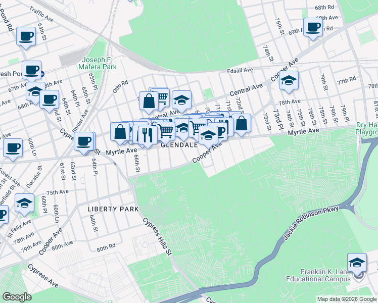 map of restaurants, bars, coffee shops, grocery stores, and more near in Queens