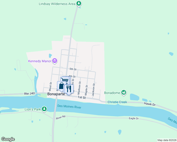 map of restaurants, bars, coffee shops, grocery stores, and more near 301 5th Street in Bonaparte