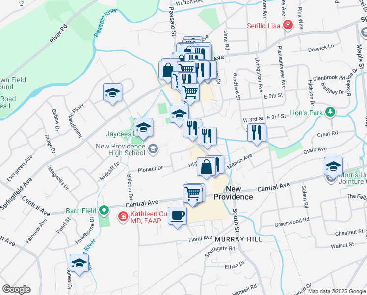 map of restaurants, bars, coffee shops, grocery stores, and more near 26 Westview Avenue in New Providence