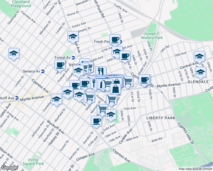 map of restaurants, bars, coffee shops, grocery stores, and more near 60-26 71st Avenue in Queens
