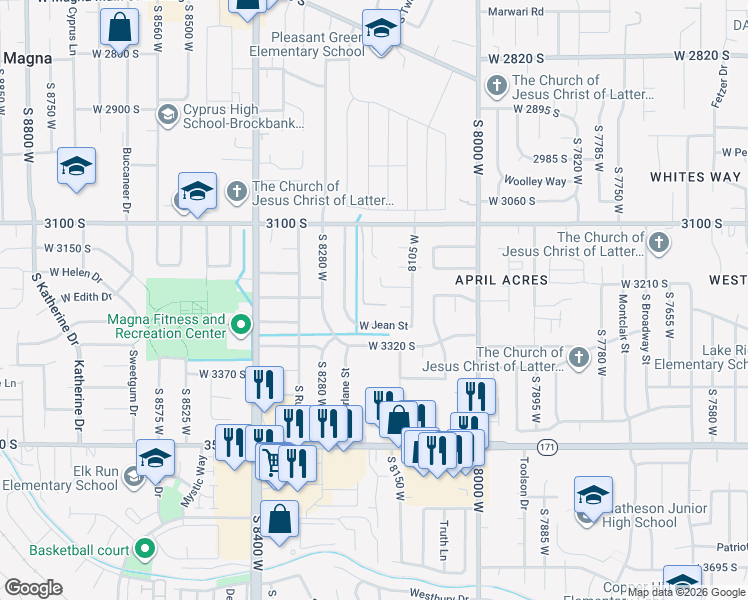 map of restaurants, bars, coffee shops, grocery stores, and more near 3162 South Buena Verde Lane in Magna
