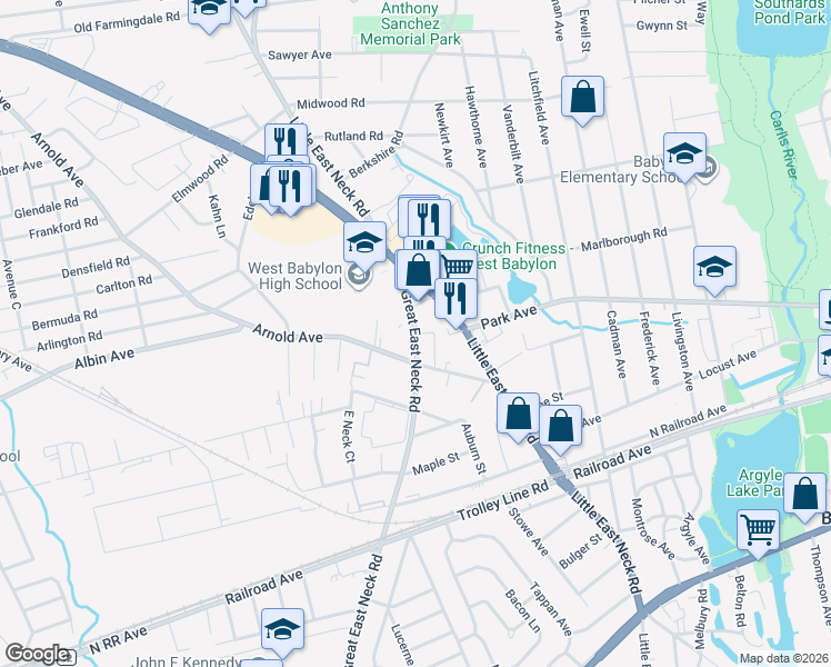 map of restaurants, bars, coffee shops, grocery stores, and more near 385 Great East Neck Road in West Babylon