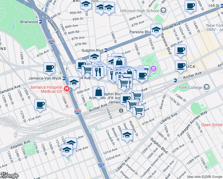 map of restaurants, bars, coffee shops, grocery stores, and more near 90-40 144th Place in Queens