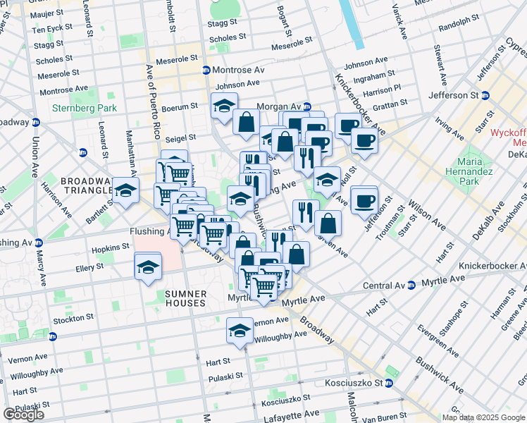 map of restaurants, bars, coffee shops, grocery stores, and more near 489 Bushwick Avenue in Brooklyn