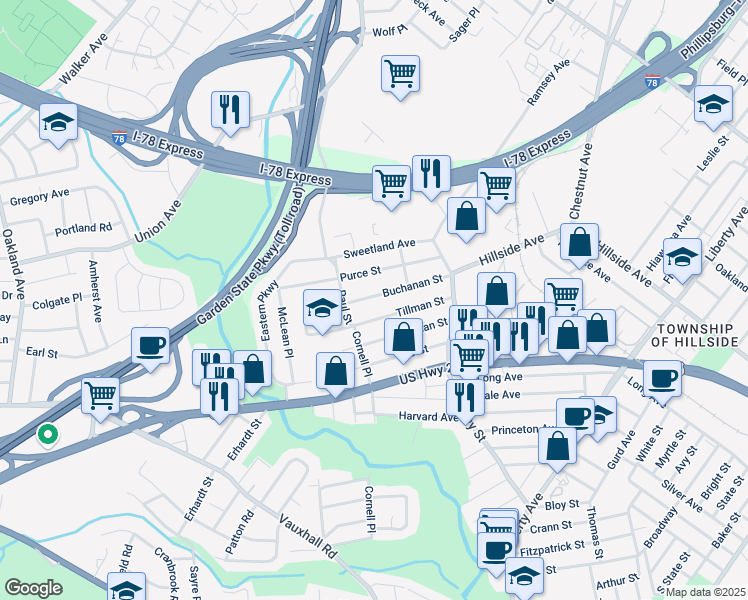 map of restaurants, bars, coffee shops, grocery stores, and more near 570 Buchanan Street in Hillside