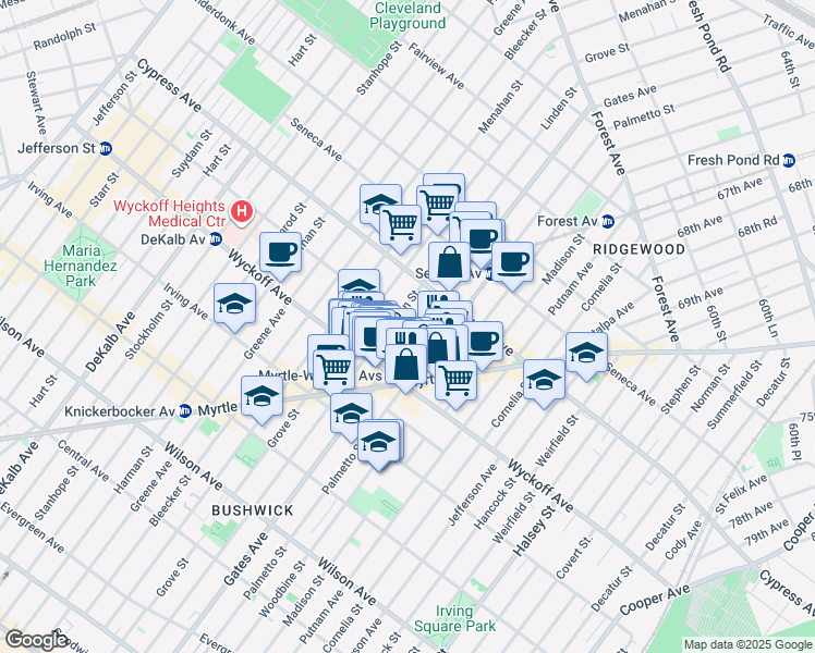 map of restaurants, bars, coffee shops, grocery stores, and more near 3-11 Saint Nicholas Avenue in Queens
