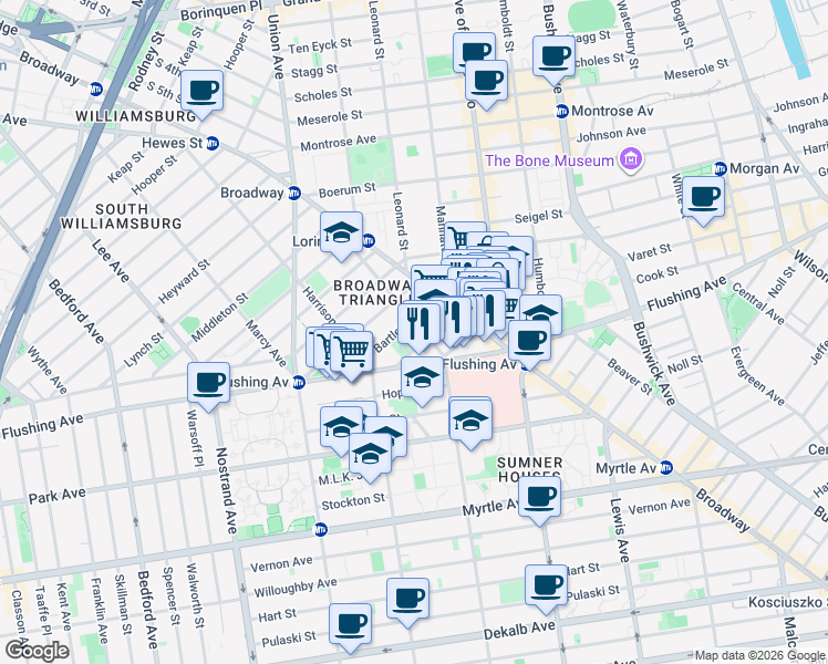 map of restaurants, bars, coffee shops, grocery stores, and more near 110 Throop Avenue in Brooklyn