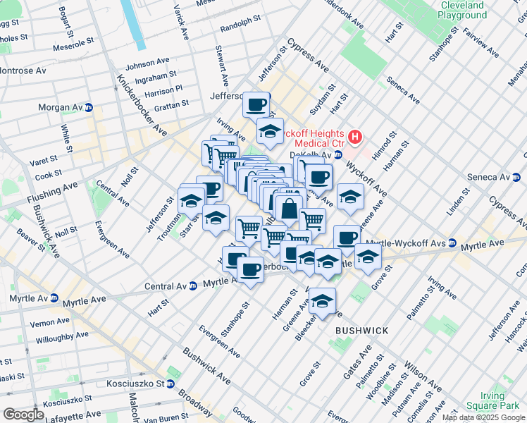 map of restaurants, bars, coffee shops, grocery stores, and more near 342 Knickerbocker Avenue in Brooklyn