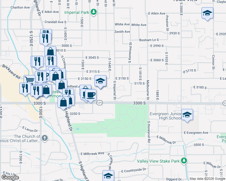 map of restaurants, bars, coffee shops, grocery stores, and more near 3206 South Imperial Street in Salt Lake City