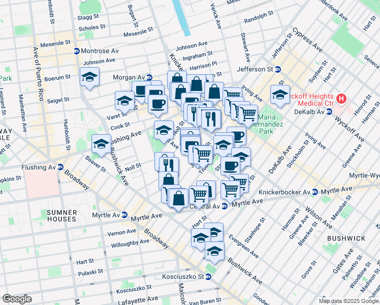 map of restaurants, bars, coffee shops, grocery stores, and more near 69 Melrose Street in Brooklyn
