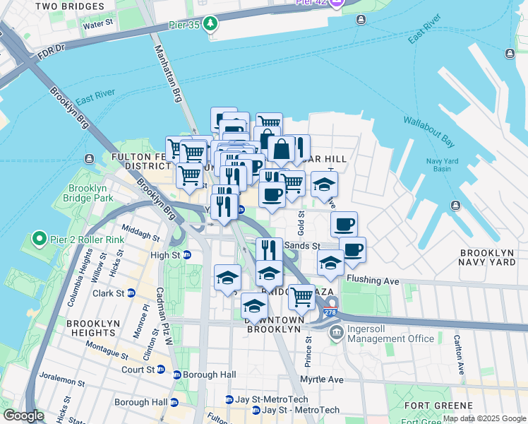 map of restaurants, bars, coffee shops, grocery stores, and more near 111 Bridge Street in Brooklyn