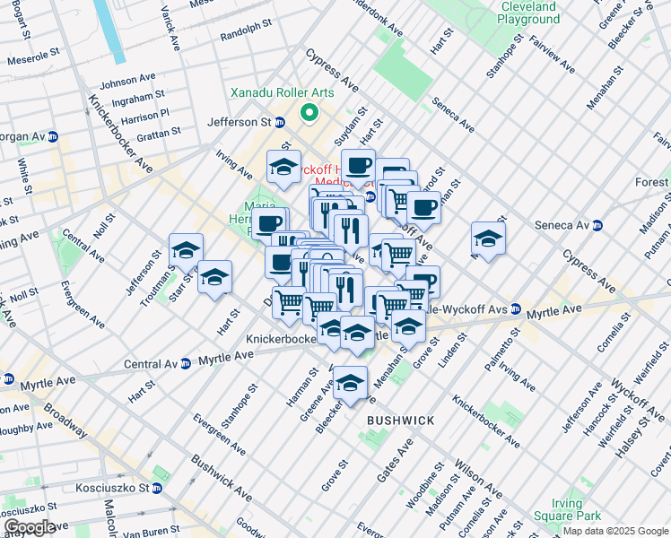 map of restaurants, bars, coffee shops, grocery stores, and more near 234B Stanhope Street in Brooklyn