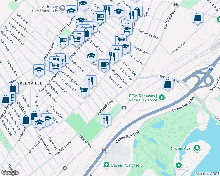 map of restaurants, bars, coffee shops, grocery stores, and more near 17 Bayside Place in Jersey City