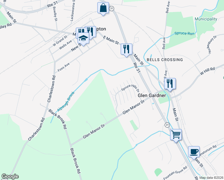 map of restaurants, bars, coffee shops, grocery stores, and more near 1804 Spruce Hills Drive in Glen Gardner