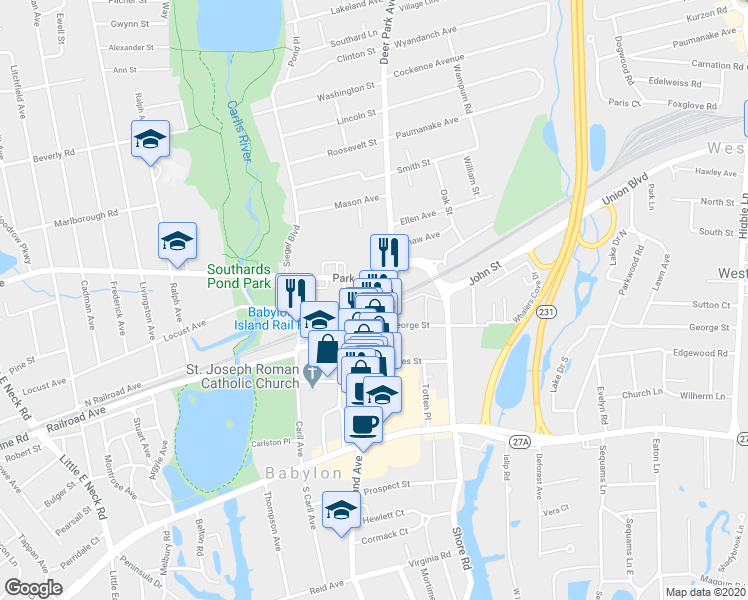 map of restaurants, bars, coffee shops, grocery stores, and more near 324 Deer Park Avenue in Babylon