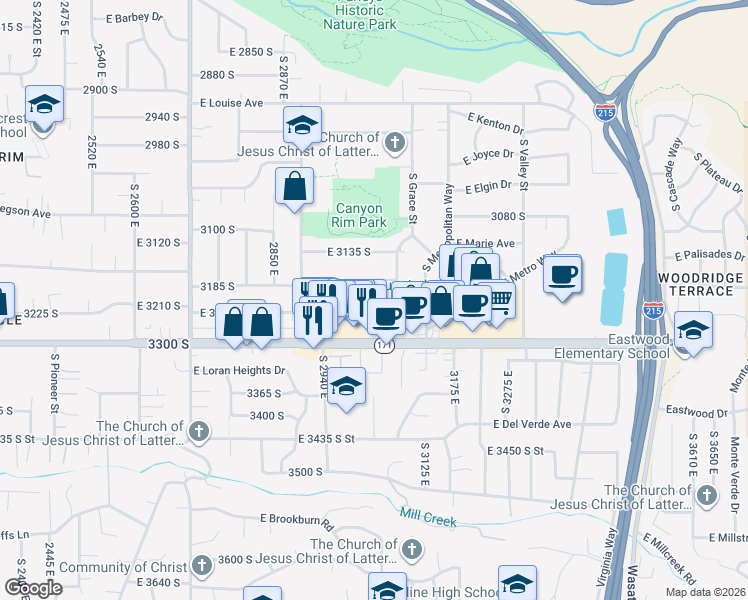 map of restaurants, bars, coffee shops, grocery stores, and more near 3043 3215 South in Salt Lake City