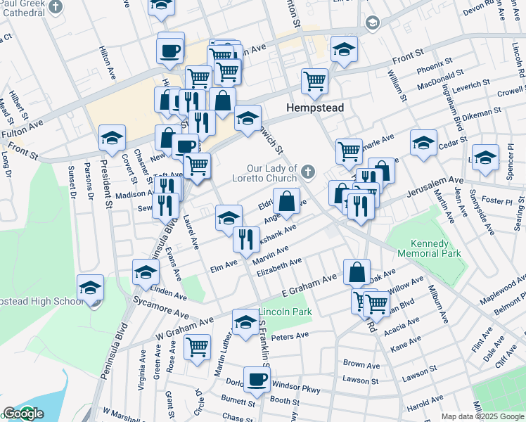 map of restaurants, bars, coffee shops, grocery stores, and more near 41 Angevine Avenue in Hempstead