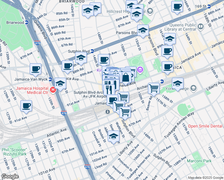 map of restaurants, bars, coffee shops, grocery stores, and more near 147- 2 Jamaica Avenue in Queens