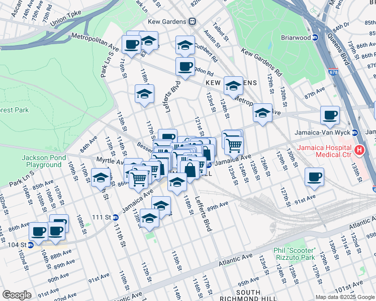 map of restaurants, bars, coffee shops, grocery stores, and more near 118-14 Hillside Avenue in Queens