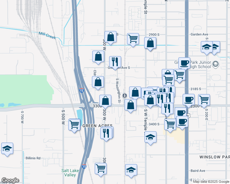 map of restaurants, bars, coffee shops, grocery stores, and more near 3196 South Washington Street in South Salt Lake