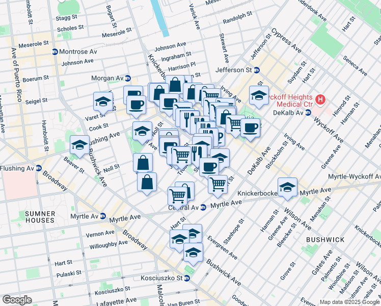 map of restaurants, bars, coffee shops, grocery stores, and more near 174 Jefferson Street in Brooklyn