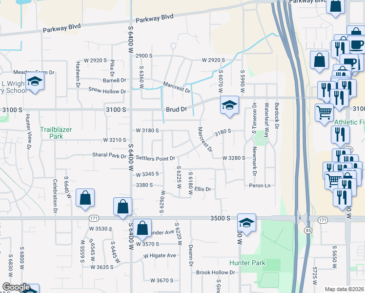 map of restaurants, bars, coffee shops, grocery stores, and more near 6211 Pepper Pond Lane in Salt Lake City