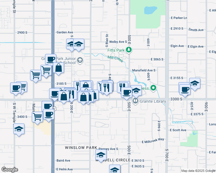 map of restaurants, bars, coffee shops, grocery stores, and more near 3224 400 East in South Salt Lake