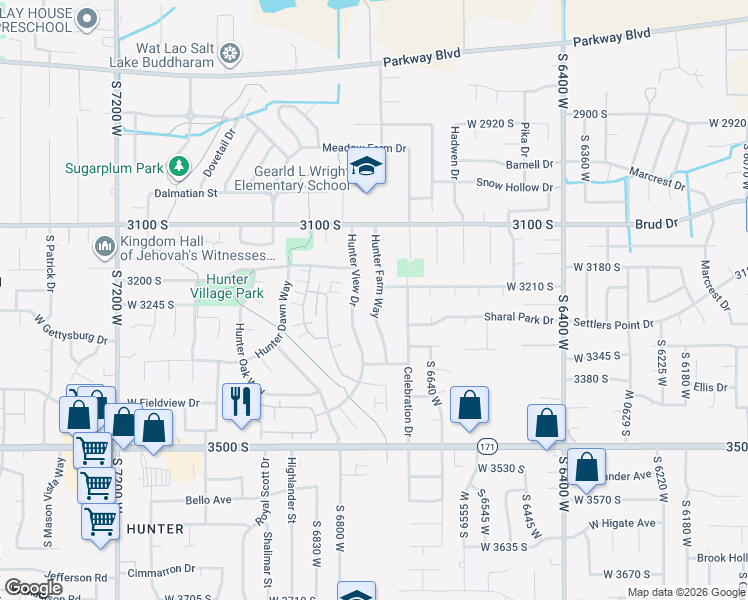 map of restaurants, bars, coffee shops, grocery stores, and more near 6726 Hunter Farm Circle in West Valley City