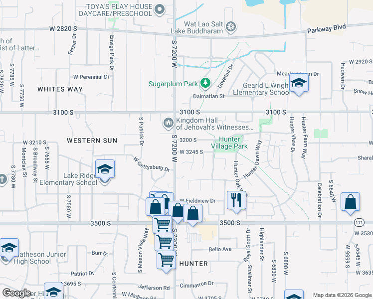 map of restaurants, bars, coffee shops, grocery stores, and more near 7153 West 3245 South in Salt Lake City