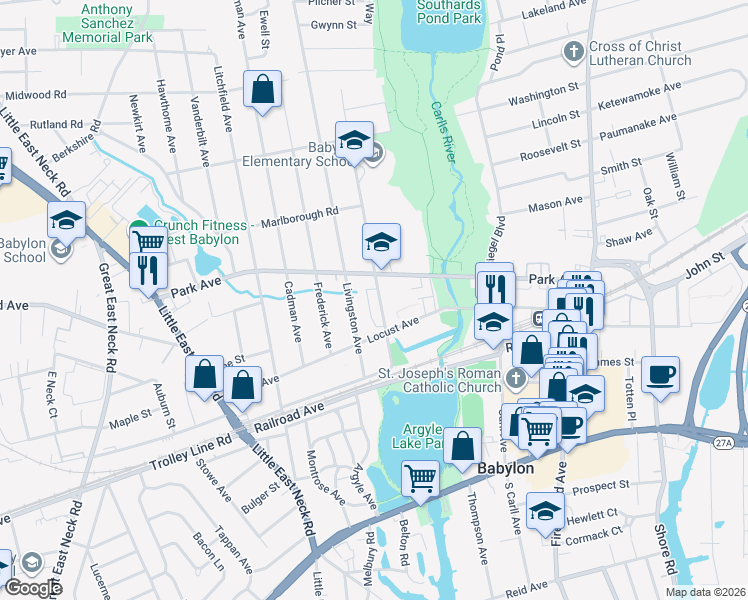 map of restaurants, bars, coffee shops, grocery stores, and more near 59 Livingston Avenue in Babylon