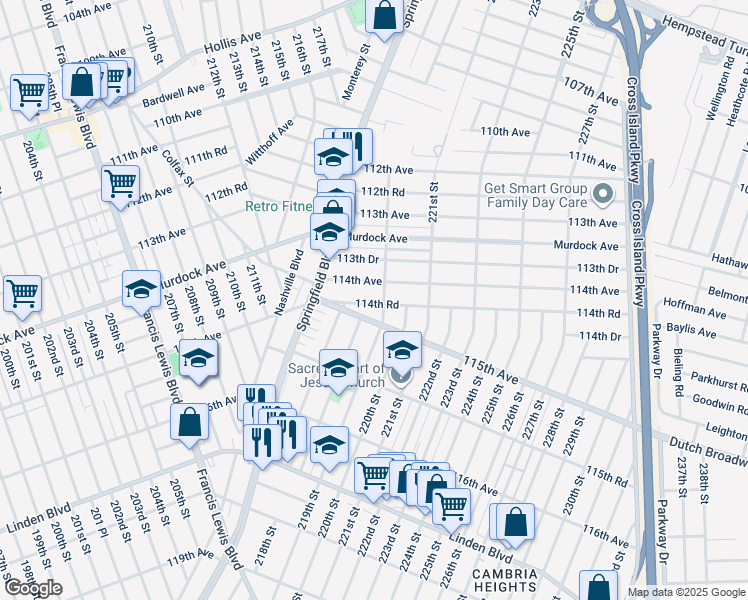 map of restaurants, bars, coffee shops, grocery stores, and more near 217-46 114th Road in Queens