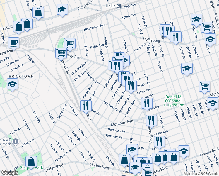 map of restaurants, bars, coffee shops, grocery stores, and more near 188-03 Jordan Avenue in Queens