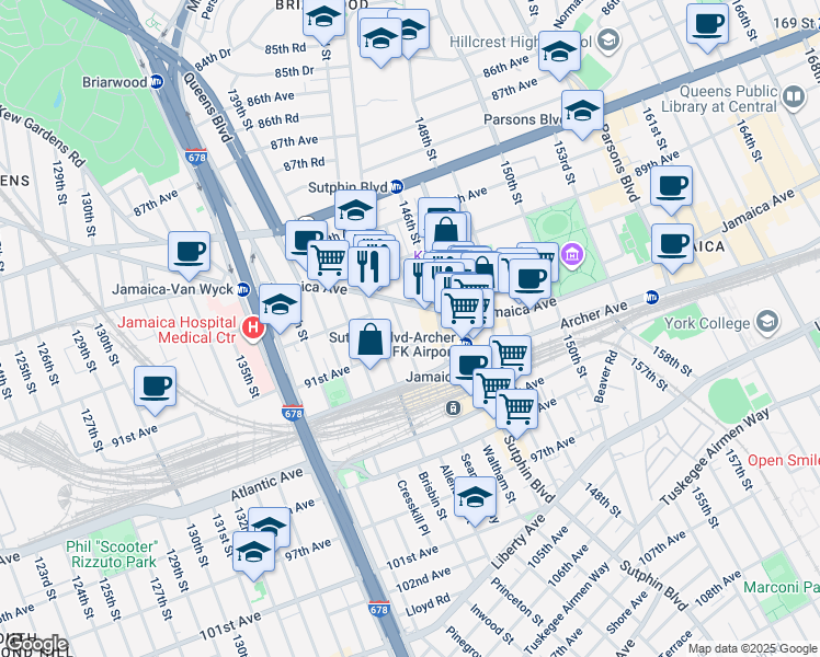 map of restaurants, bars, coffee shops, grocery stores, and more near 90-40 144th Place in Queens