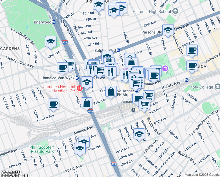 map of restaurants, bars, coffee shops, grocery stores, and more near 90-17 139th Street in Queens