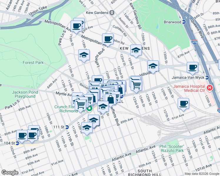 map of restaurants, bars, coffee shops, grocery stores, and more near 118-14 Hillside Avenue in Queens