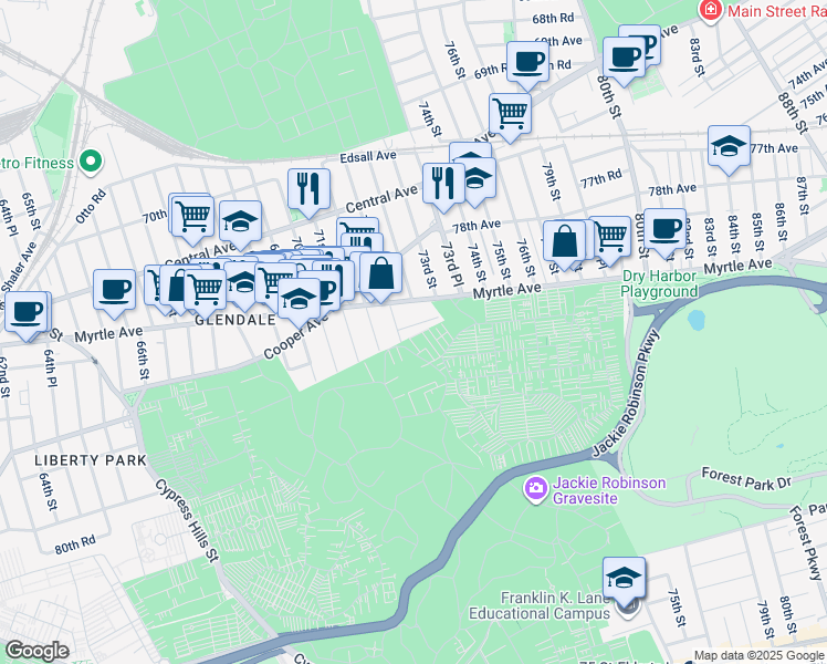 map of restaurants, bars, coffee shops, grocery stores, and more near 73-38 72nd Street in Queens
