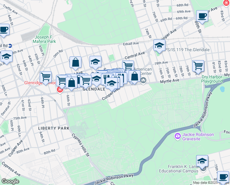 map of restaurants, bars, coffee shops, grocery stores, and more near 73-20 70th Street in Queens
