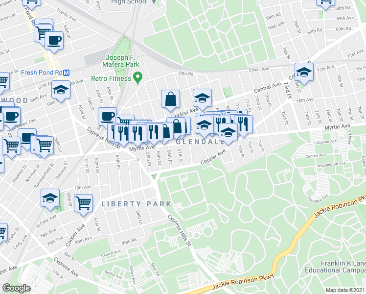 map of restaurants, bars, coffee shops, grocery stores, and more near in Queens