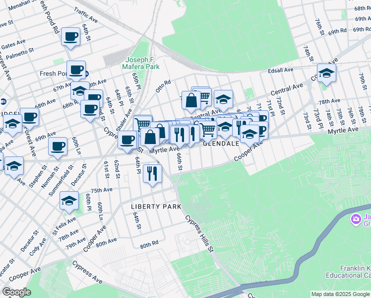 map of restaurants, bars, coffee shops, grocery stores, and more near 72-12 66th Place in Queens