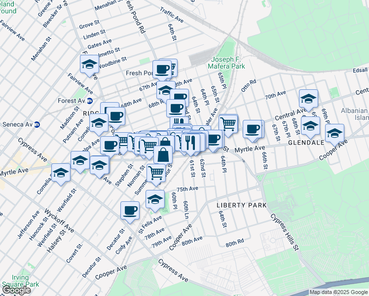 map of restaurants, bars, coffee shops, grocery stores, and more near 6101 Myrtle Avenue in Queens