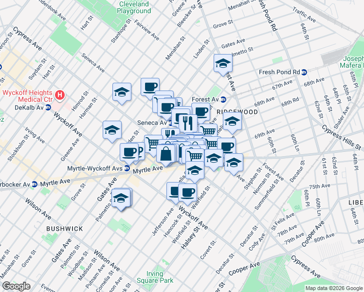 map of restaurants, bars, coffee shops, grocery stores, and more near in Queens