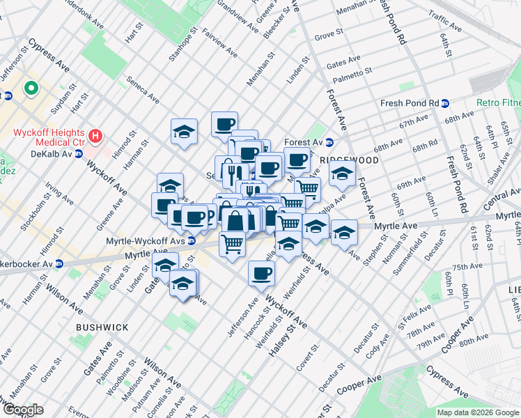 map of restaurants, bars, coffee shops, grocery stores, and more near 1684 Woodbine Street in Queens
