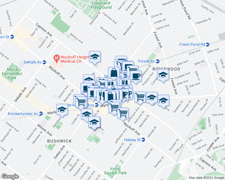 map of restaurants, bars, coffee shops, grocery stores, and more near 1645 Palmetto Street in Queens