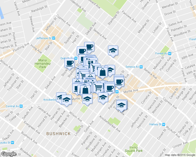 map of restaurants, bars, coffee shops, grocery stores, and more near 337 Bleecker Street in Brooklyn