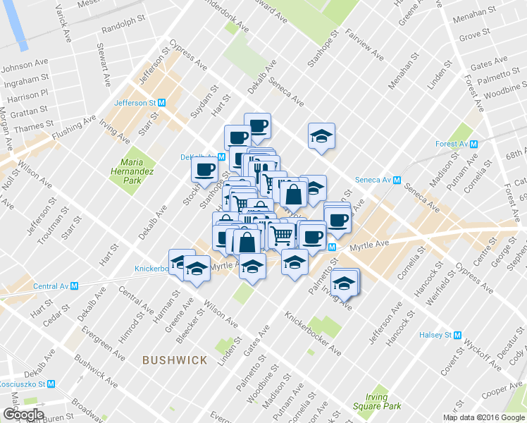 map of restaurants, bars, coffee shops, grocery stores, and more near 337 Bleecker Street in Brooklyn