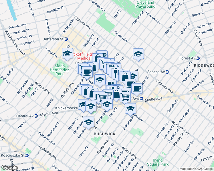map of restaurants, bars, coffee shops, grocery stores, and more near 1395 Greene Avenue in Brooklyn