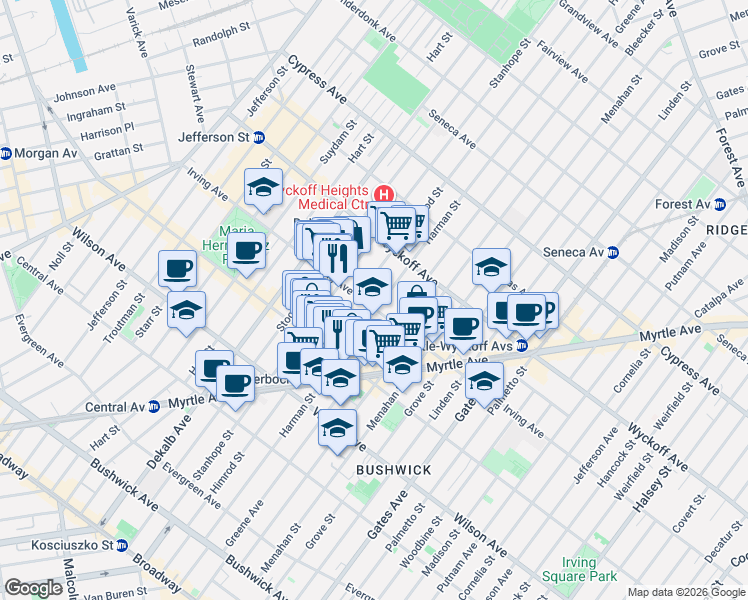 map of restaurants, bars, coffee shops, grocery stores, and more near 220 Irving Avenue in Brooklyn