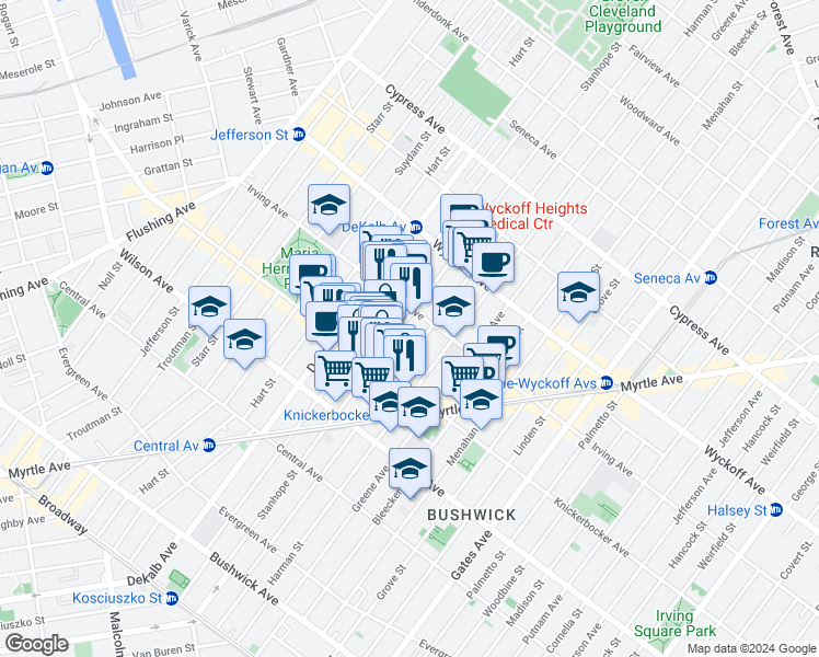 map of restaurants, bars, coffee shops, grocery stores, and more near 234B Stanhope Street in Brooklyn