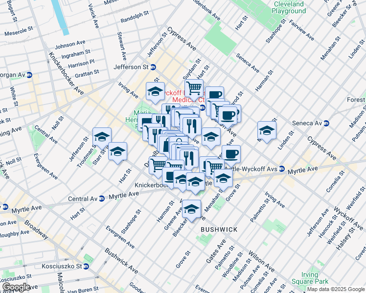map of restaurants, bars, coffee shops, grocery stores, and more near 234B Stanhope Street in Brooklyn